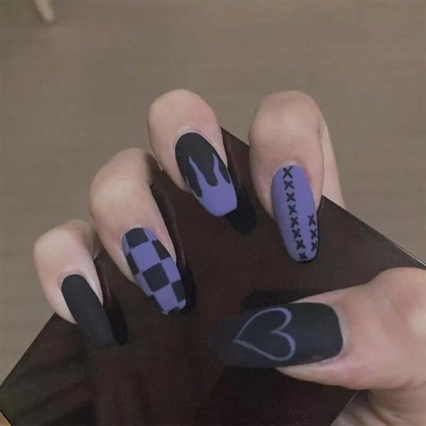 24Pcs Black Purple Red Flame Fake Press Matte Glue on Nails Goth Ballerina Acrylic Manicure False Design F708-18