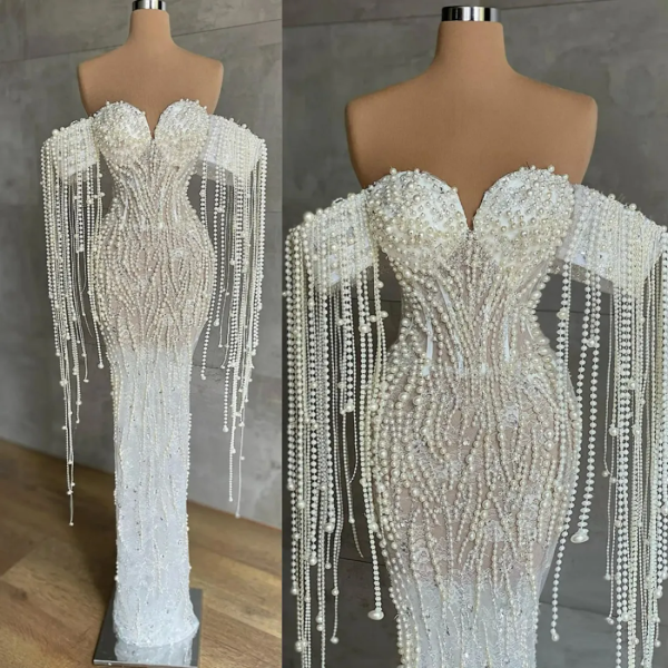 2025 African Prom Dresses for Black Women Promdress Off Shoulder Pearls Tassel Elegant Evening Dresses for Special Occasions Birthday Gowns Engagement Gown