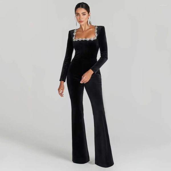 Women's Jumpsuits DEIVE TEGER 2024 Black Bandage Jumpsuit Square Neck Diamond High Waist Wide Leg Elegant Party