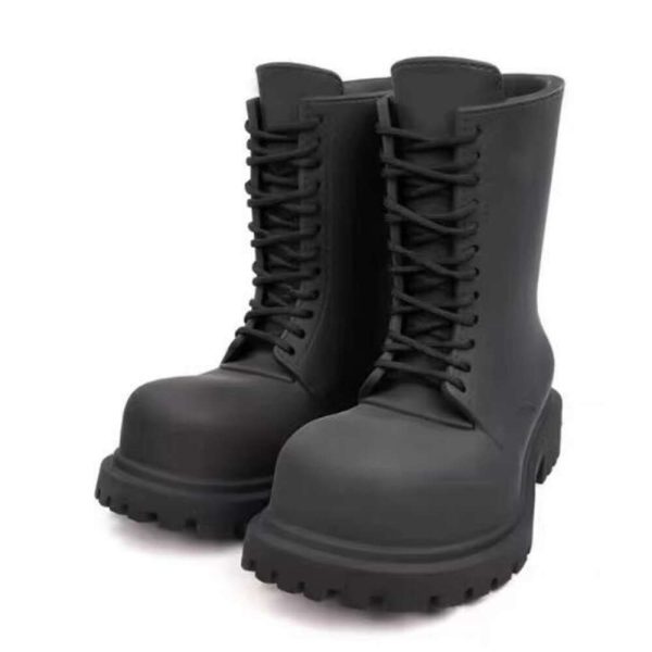 Black Matte Leather Big Round Toe Cross Tied Lace Up Thick Sole Mid-Calf Men High Top Leisure Outdoor Short Boots