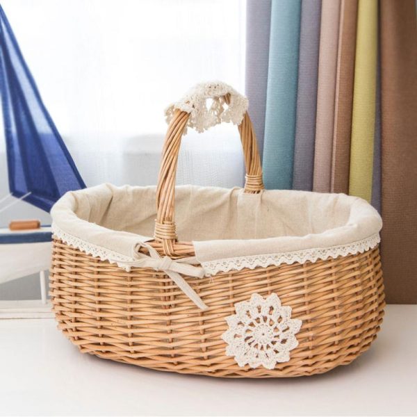 Basket Picnic Wicker With Woven Flower Handle Baskets Storage Easter Hamper Decorative Wedding Rattan Willow Organizer Girl Gift