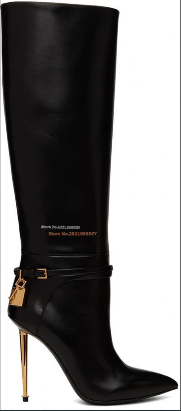 Black Real Leather Padlock Knee High Boots Women Pointed Gold Metal Thin Heeled Long Boots Stiefeletten Mit Spitzer Kappe