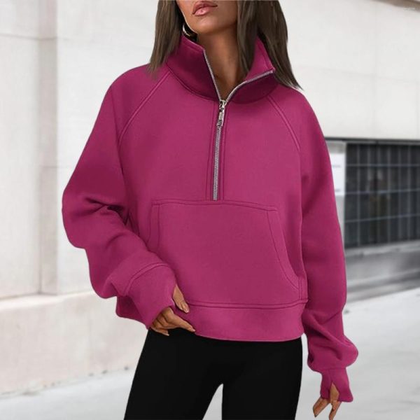 Women's Hoodies Stand Collar Cropped Pullover Half Zip Women Overzised Hoodie Thumb Hole Long Sleeve Clothes Solid Color Loose Fit Daily