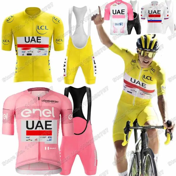 UAE Team Cycling Jersey Set Tadej Pogacar TDF Clothing Yellow White Road bike Shirt Suit Bicycle Bib Shorts Maillot 240716