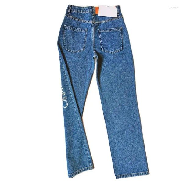 Women's Jeans 2024 Autumn High Waist Hollow Patch Embroidery Logo Decoration Casual Deep Blue Straight Barrel Denim Pants