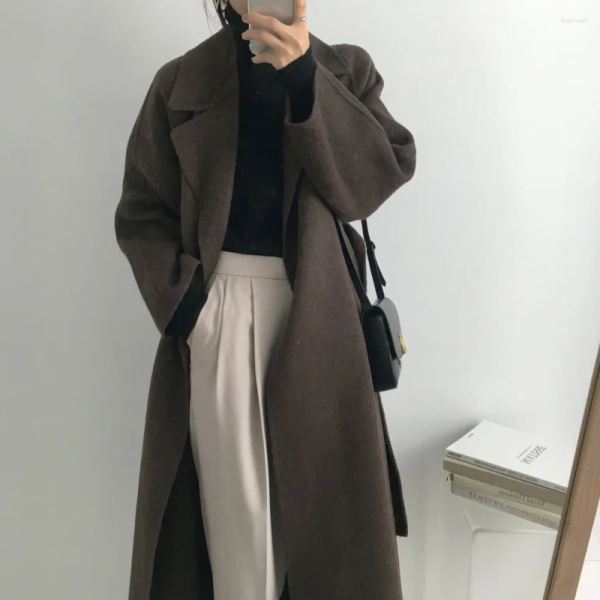 Women's Wool Women Elegant Long Coat With Belt Solid Color Sleeve Chic Outerwear Ladies Overcoat Autumn Winter