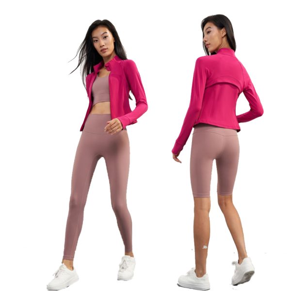 Womens Yoga Jacket Outerwear Slim Rose Red Women's Sport Coats Long Sleeves Stand Collar Nylon Short Coat Fit for Running Jogging Shopping