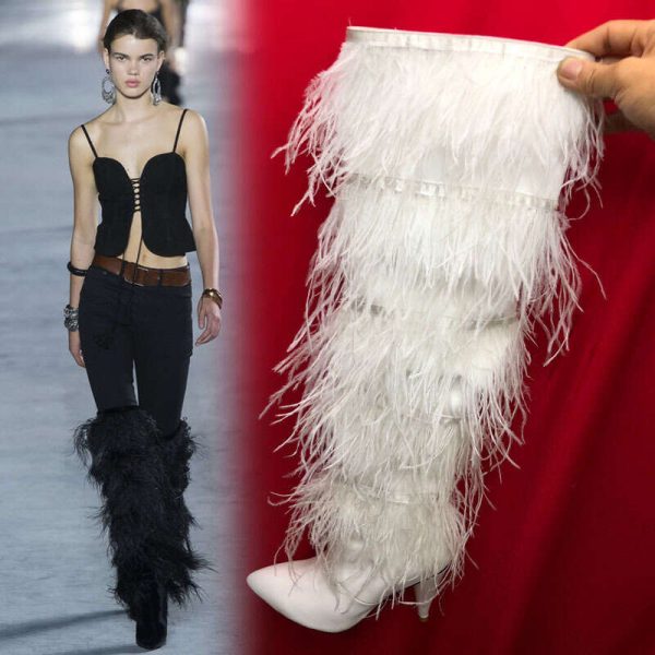 Autumn and winter ostrich fur tassel heels, but not knee high boots, oversized shoes for fashion shows