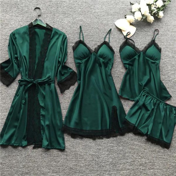 Women's Sleepwear Silk Women Nightdress Lace Dress Robe Pajamas Set Satin Underwear For Full Coverage Negligee Lingerie Sexy