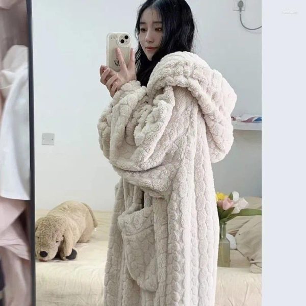 Women's Sleepwear Pocket Robe For Women Winter Nightdress Night Wears Warm Fleece Pajama One Piece Nightgown Hooded Sleeping Homewear