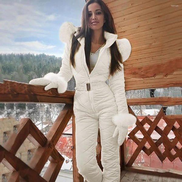 Women's Down Fashion One Piece Ski Jumpsuit Casual Thick Winter Warm Woman's Snowboard Skisuit Outdoor Sports Skiing Pant Set Zipper Suit