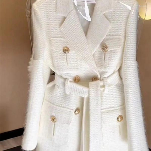 Women's Suits Fashion Korean White Blazer Jacket For Women Autumn Winter 2024 Vintage Long Sleeve Noted Double-breasted Coat Female Tops