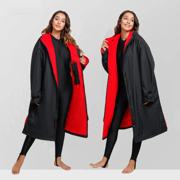 Women's Down Waterproof Surf Changing Robe Outdoor Surfing Pool Coat Lamb Wool Jacket Hooded Cloak Beach Lining Anorak Raincoat Unisex