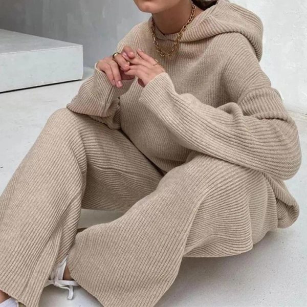 Women's Two Piece Pants Autumn Set Tracksuit Women Clothing Sets Hooded Pullover Top And Wide Leg Knitted Sweat Suit Lounge Wear Outfits