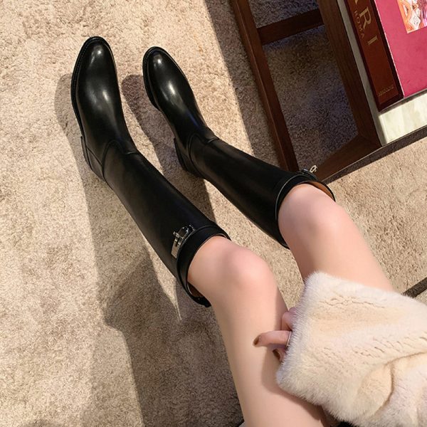 Thigh High Boots Brown Women Vintage Leather Square Heel Knee Height Buckle Boot Keep Warm Round Toe Shoes British Style 240723