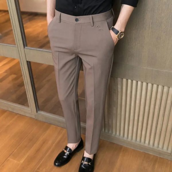 Trousers for Men Cropped Slim Fit Formal Work Casual Pants Man Dress Tailoring Baggy Polyester Slacks Korean Style Cotton Sale 240724