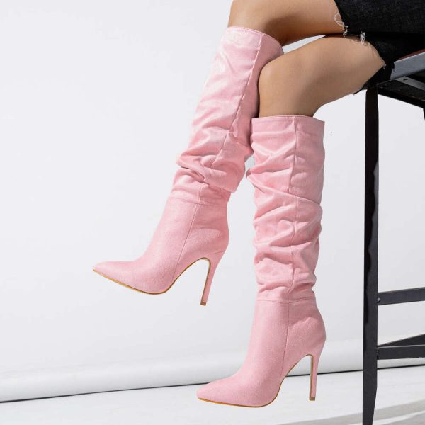 2024 new pointed suede solid color midsole fashionable slim heel one foot kick women's boots large size