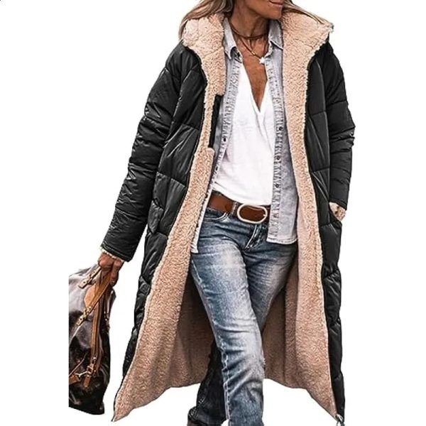 Womens Warm Winter Coats Reversible Sherpa Fleece Long Hooded Puffer Jackets Outerwear 240729