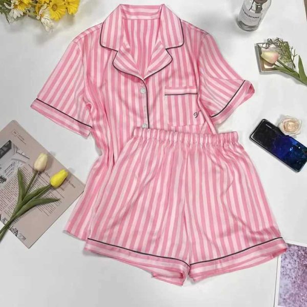 Women's Sleepwear Womens Pamas Sets Spring Autumn 2 Piece Print Striped Pyjama Faux Silk Satin Slpwear Short Se Pijama Mujer Pjs Homewear T240523