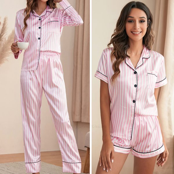 Womens Sleepwear Two Piece Set Pamas for Women Pink Striped Satin Silk Pyjamas Pjs Shorts Sets Summer Spring Loungewear Home Clothes 230828