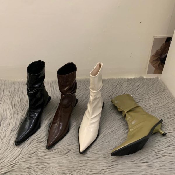 2024 new boots for women western cowboy boots thick heel polished punk style motorcycle zipper toe high heels with a pointed heel boots