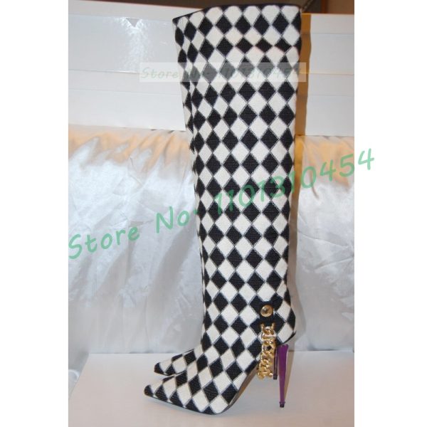 Black-white Checkered Knee-high Boots Women Stylish Gold Chain Decor Purple High Heels Boots Pointy Toe Side Zipper Winter Shoes