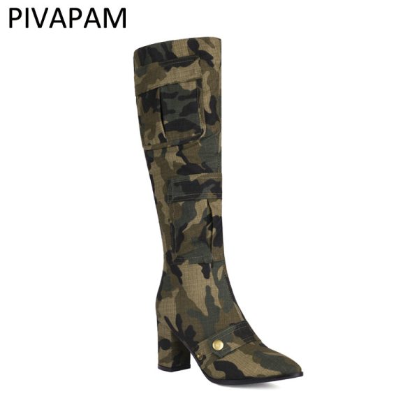 Womens Knee High Boots Pointed toe Chunky Heel Zip Thigh High Boots Camouflage Thick High Heels Autumn Winter Ladies Shoes