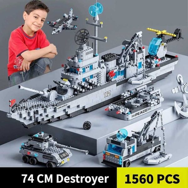 1560pcs 6 IN 1 Military Navy Ship Sets Building Blocks Toys Brick Aircrafted Carrier Army Warship WW2 Heavry Tank Headquarters Y240731