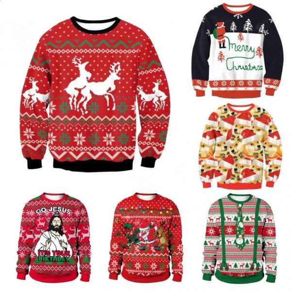 Womens Ugly Christmas Sweater Knitted Fun Dog Head Pulling Flower Humpback Reindeer Climate S6Xl Mens Warm Jumping Top 240801