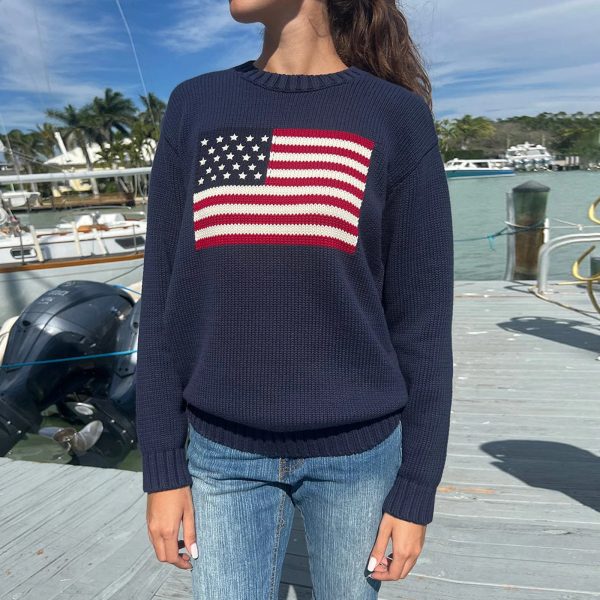 Womens Loose Knit Sweaters Long Sleeve Flag Patterned Long Sweaters Round Neck Ribbed Loose Knitted Tops Pullovers 240802