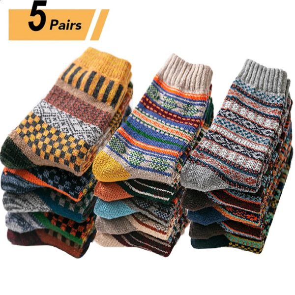 10PCS=5Pairs Autumn Winter Men Thicken Warm Harajuku Retro Fashion Casual Wool High Quality Cotton Socks Wholesale Snow Sock 240805