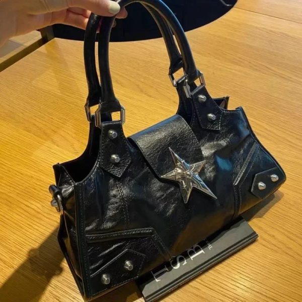 Y2K Gothic Star Girl Black Bag Women Vintage Handbag Fashion Shoulder Bag Large Capacity PU Crossbody Goth Purse Punk Tote Bags 240805