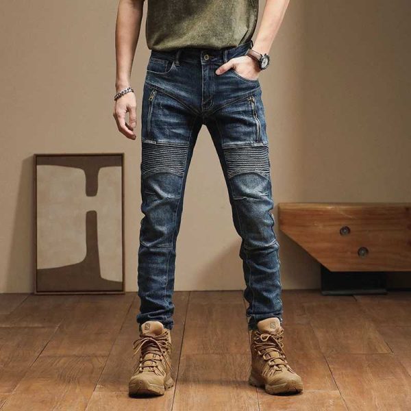 The new American high-end trend Slim personality zipper splicing biker small leg pants retro jeans for men pantalones hombre M241204