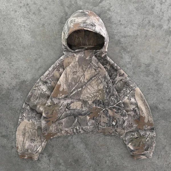 Y2K Retro Pullover Hoodie Men Camouflage Pattern Zipper Sweatshirt High Street Hip Hop Streetwear Oversized Unisex Camo 240806