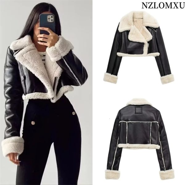 Womens Cropped Leather Jacket Coat Black Wool Blends Coats Bomber Tweed Jacket Autumn Winter Leather and Fur Crop Jacket 240807