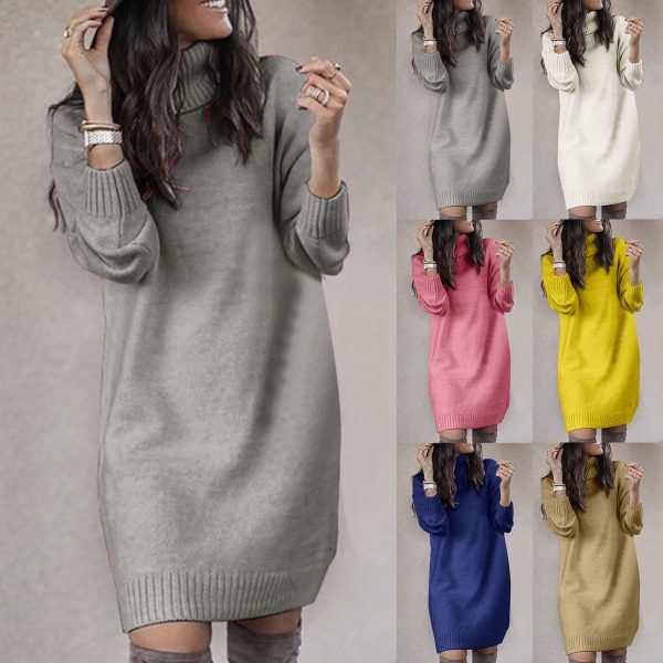 Winter WomenS Sweater Dress Solid Color High Collar Sundress Casual Knitted Tunic Dresses Cold Weather Clothes Vestido Feminino 240809