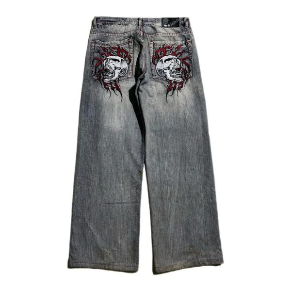 American street fashion red embroidered hip-hop jeans mens and womens straight tube loose jeans Y2K240809