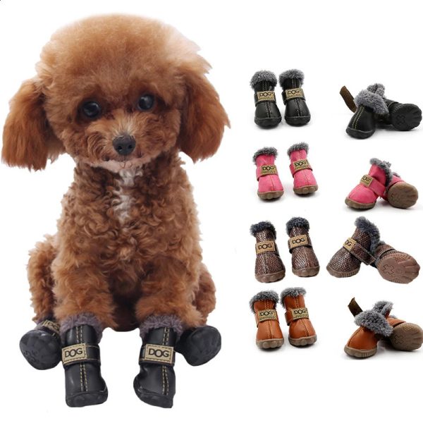 4 piecesset of winter pet shoes waterproof thick leather dog anti slip snow boots for dogs cats Chihuahua paw care 240809