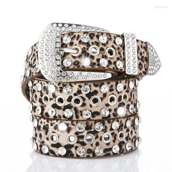 Belts Punk Eyelet PU Belt Classic Leopard Print Rhinestone Inlaid Hip Hop Cowboy Cowgirl For Women & Men