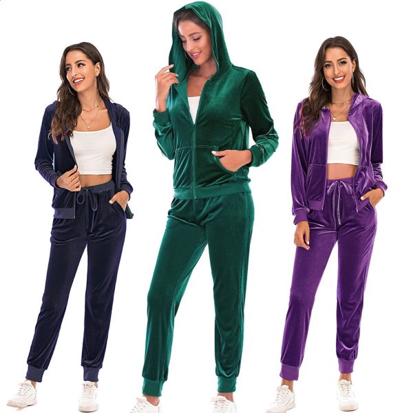 Velour Tracksuit Womens 2 Piece Sweatshirt Sweatpants Set Hoodie Sweatsuit with Pockets Casual Sportswear Autumn Winter Gym 240813