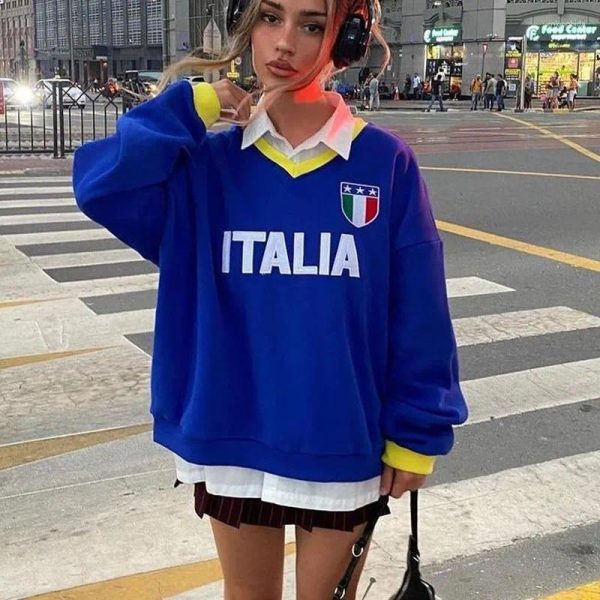 Women's Hoodies 2024 Italia Print Casual Retro Long Sleeve Blue Sweater Super Fire All-match Small Fresh Style Sweet Sweatshirt