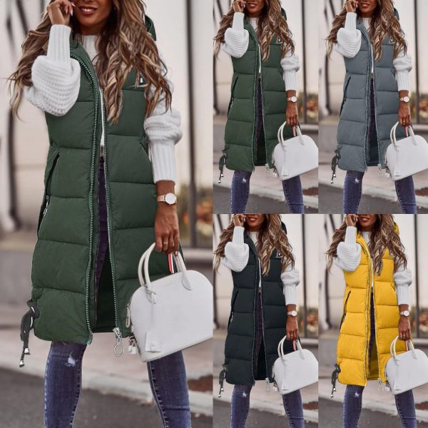 Women Solid Hooded Vest Zipper Pocket Loose Womens Vests Outerwear Sleeveless Jacket Long Coat Vests Woman Winter Coats 240813