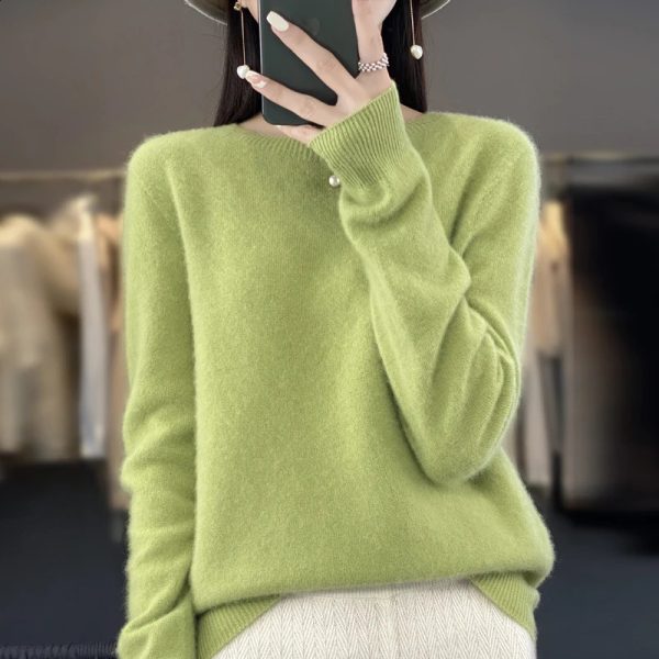 100% pure wool cashmere sweater womens O-neck pullover casual knit top autumn and winter womens coat Korean fashion 240813