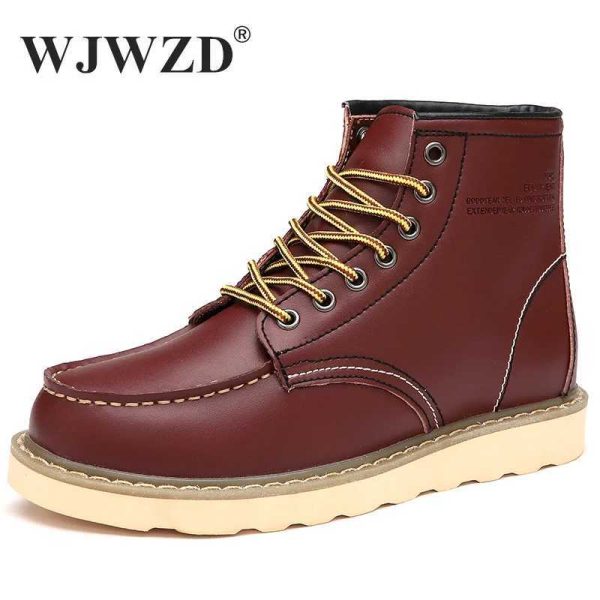 Winter Warm Snow Leather Fur Plush Fashion Handmade Waterproof Ankle Boots No-slip High Top Men Work Shoes XW6.5