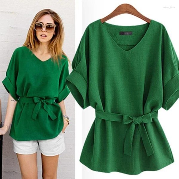 Women's Blouses T-shirt V-Neck Green Tops Women 2024 Casual Cotton Linen Solid Short Sleeve Shirt Summer Clothes For