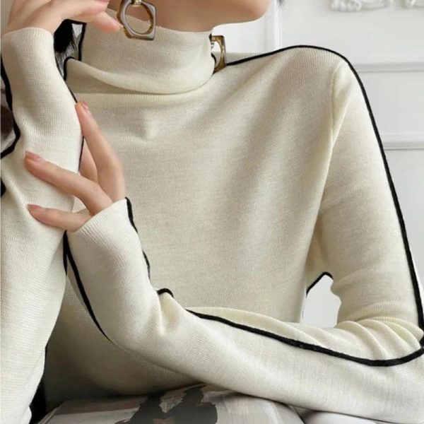 Women's Sweaters Pullovers Women Striped Turtleneck Warm Knitted Sweater Spring Fall Y2K Elegant Korean Office Lady Simple Design Bottom