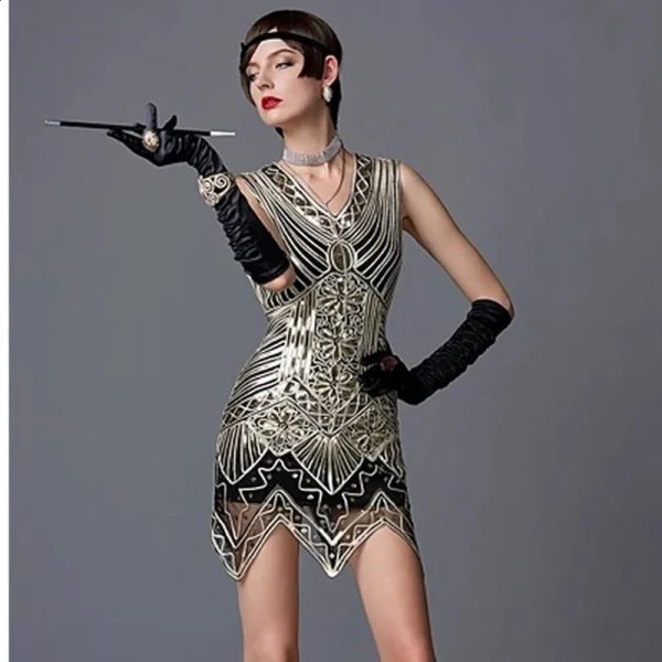 1920s Sequin Triangle Hem Dress Sleeveless Gold Thread Embroidery Tassel Gatsby Party 240814