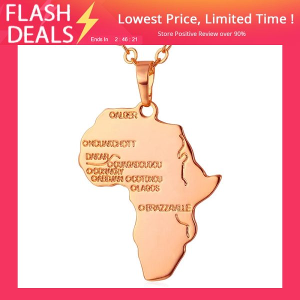 U7 Africa Map Pendant Necklace for Men Women, Iced Out/Stainless Steel/18K Gold Plated African Country Map Jewelry with Adjustable Chain