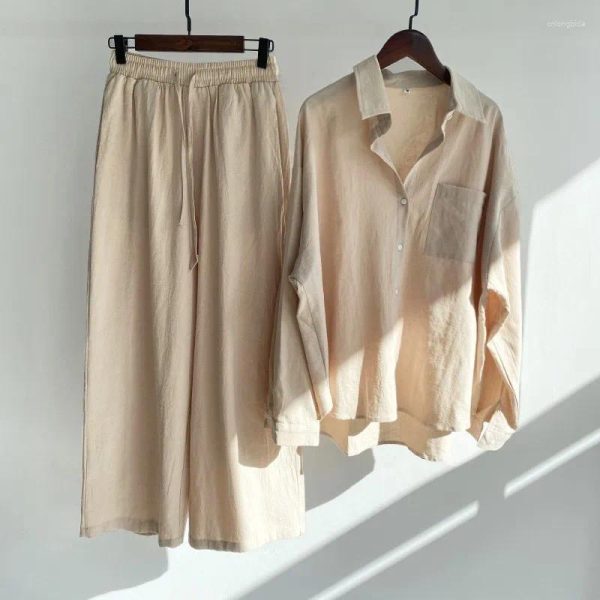 Women's Two Piece Pants Loose Solid Color Cardigan Shirt Wide Leg 2-piece Set Of Retro Cotton Linen High Waist Long Outfit