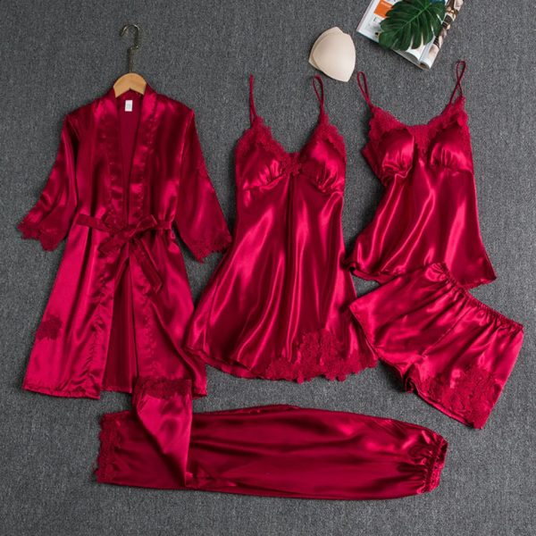 5PC Silk Robe Sleep Suit Womens Lace Satin Pajamas Gown Set V-Neck Cami Nighties Wear Pijama Home Nightwear Spring Nightdress 240815